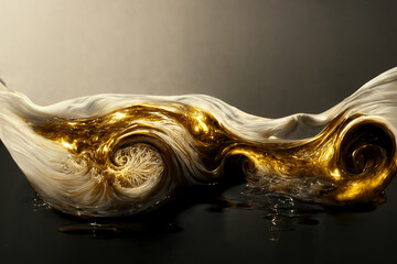 Luxury gold and black liquid background, liquid splash, swirl on white. Drapery of golden particles.