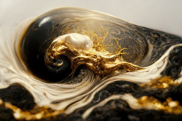 Luxury gold and black liquid background, liquid splash, swirl on white. Drapery of golden particles.