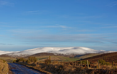 Looking across ploughed and grassy Fields between Drystone walls and onwards to the snow covered...