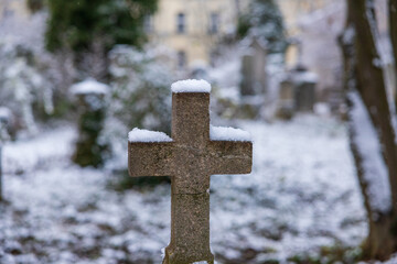 first snow on old grave yard haunted and decaying