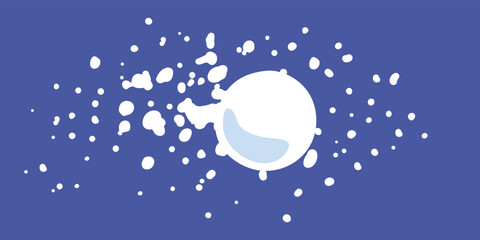 Flying snowball on a blue background with snowflakes. Snow globe in flight. Full color illustration for winter design. Round snowball with flying pieces of snow. Winter fun with snow. Throw snowballs.