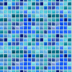 Watercolor blue green square mosaic seamless pattern. Illustration on light background. For fabric, sketchbook, wallpaper, wrapping paper.