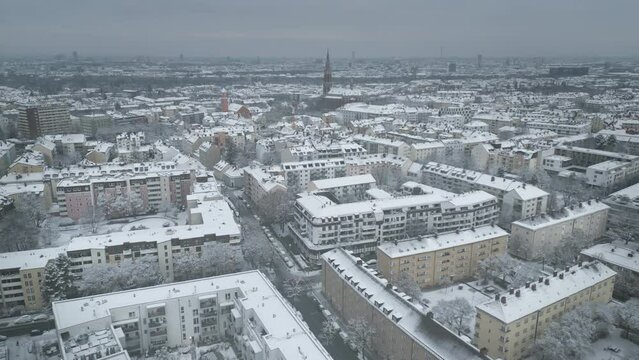 Munich winter snow skyline aerial view downtown church germany munich city.