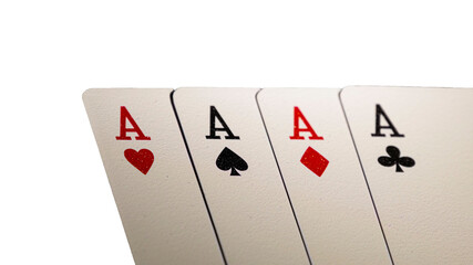 Poker, four Aces, well lit poker cards in order with transparent background