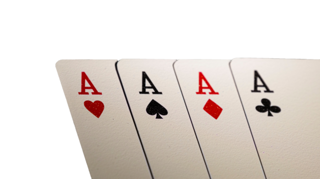 Poker, four Aces, well lit poker cards in order with transparent background