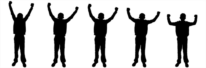 Black silhouettes of standing teenagers. A set of teenagers with raised hands at different heights. Front view, Anfas. The gesture raised hands with joy and admiration. Isolated on a white background