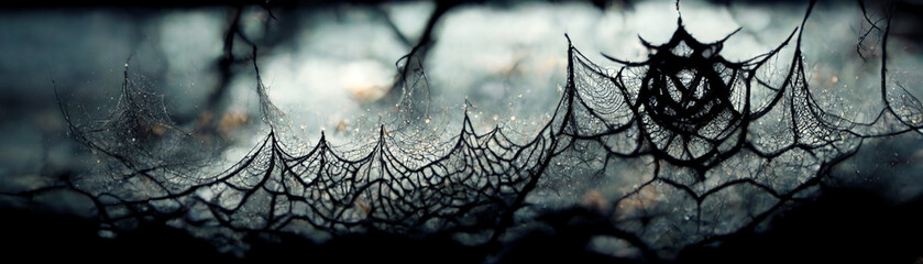 Real creepy webs on a black background. Illustration for banner, template