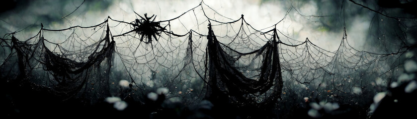 Real creepy webs on a black background. Illustration for banner, template