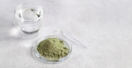 germinated grains, cereals and seaweed, food supplement in powder for water additive, banner, space for text