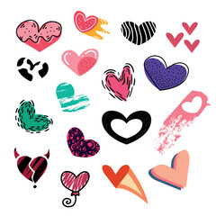 Collection of hand drawn hearts stickers.