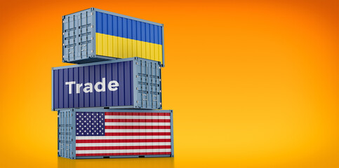 Cargo containers with USA and Ukraine national flags. 3D Rendering