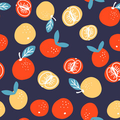 Cute doodle vector seamless pattern background with tangerine, clementine, mandarin orange. Ideal for winter holidays cards, posters, banners and other graphic and web design