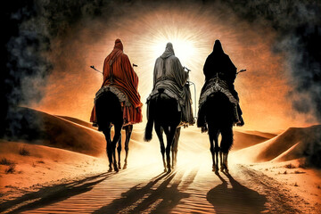 Dreikönige Dreikönigsfest Epiphanias Bethlehem mit Maria und Josef und Jesuskind created with Generative AI Digital Art Illustration Skizze