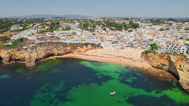 Aerial view of the Carvoeiro beach in Algarve region of Portugal