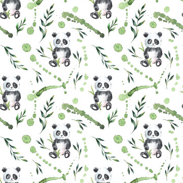 Watercolor illustration isolated on white background. Seamless pattern of black and white panda, stone, green splash and leaves