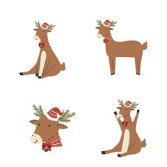 A Various set of cute reindeer with Christmas element cartoon character flat vector illustration isolated on white background. Merry Christmas and Happy New Year.