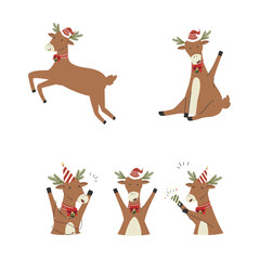 Fototapeta premium A Various set of cute reindeer with Christmas element cartoon character flat vector illustration isolated on white background. Merry Christmas and Happy New Year.