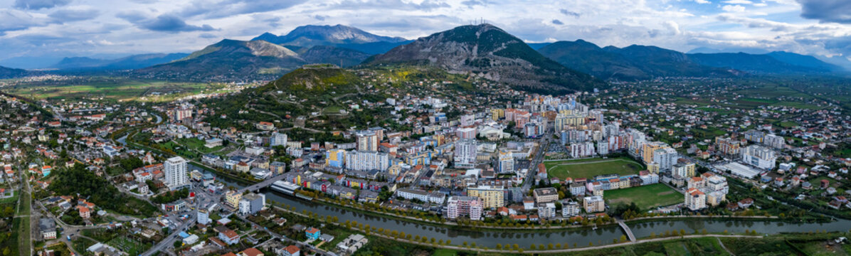 Aerial view around the city Lezhë in Albania on a cloudy day in autumn.