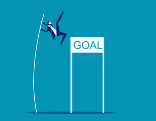 Businessman pole vaulting goal. Business jumping vector illustration