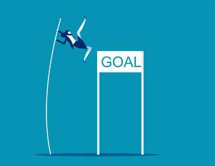 Businesswoman pole vaulting goal. Business jumping vector illustration