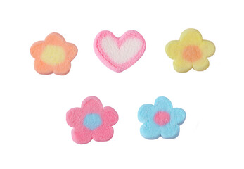 Pastel colored flowers and heart shaped marshmallow candy isolated on transparent background, png file