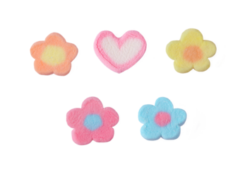 Pastel colored flowers and heart shaped marshmallow candy isolated on transparent background, png file