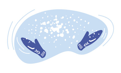 Hands in blue mittens throw up snow. Winter games with snow. Color illustration for design and print with cartoon style. Children's winter entertainment. Warm knitted mittens.