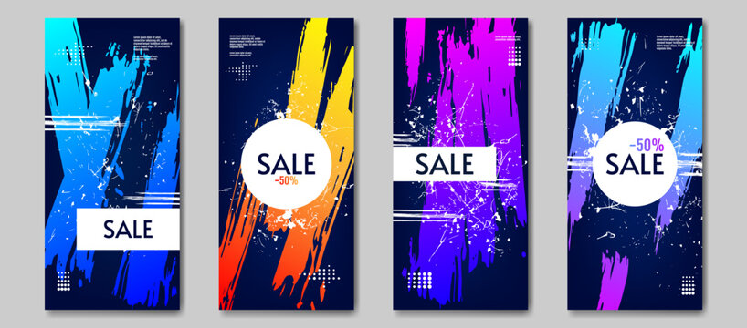 Set of brochures. Vector illustration. Paint artwork splash. Gradient bright colours. Design for sale brochures, postcard, business card. Black Friday or other sale.