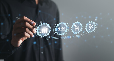 Businessman pressing on virtual screen, Financial technology concept. Investment and cryptocurrency, business concept on virtual screen.