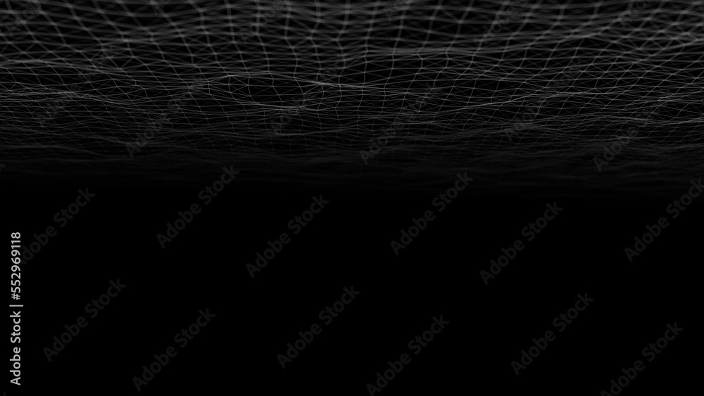 Poster Wave of digital particles on a black background. Abstract interlacing lines and points. Digital connection of elements. Simulation of the movement of small particles. 3D rendering.