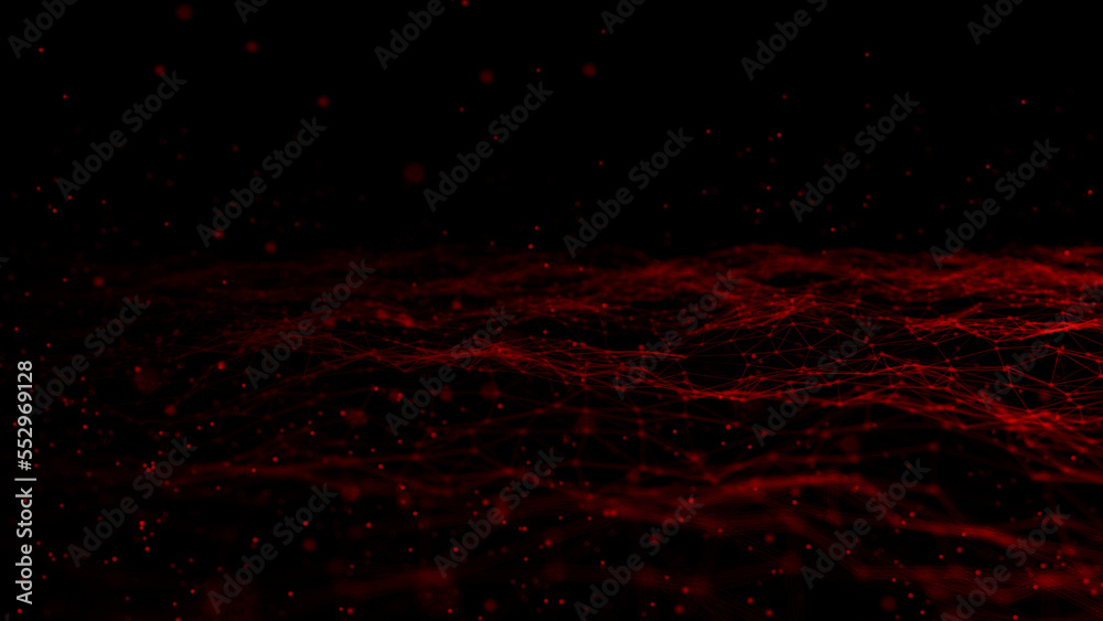 Poster Wave of digital particles on a black background. Abstract interlacing lines and points. Digital connection of elements. Simulation of the movement of small particles. 3D rendering.