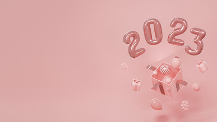 2023 Balloons Text for Christmas and New Year festival Metallic Rose gold foil balloons. 3D rendering.