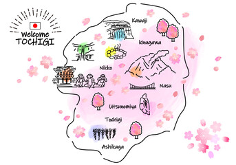 Obraz premium 春の栃木県の観光地のシンプル線画イラストマップ（緑）