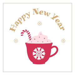 Mug of hot chocolate or coffee, latte, cappuccino with cream and caramel cane. Christmas card in a minimalist style with seasonal wishes. Template for postcards, invitations, congratulations, print.