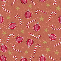 Seamles festive pattern, Christmas repeat design, Winter ornaments background, Winter festive wallpaper, Christmas wrapping paper print, Baubles, Sugar canes, snowflakes