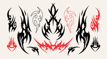 Neo Tribal tattoo set. Abstract ethnic shapes, ornaments. Hand drawn modern Vector illustration. Isolated design elements, tattoo templates. 