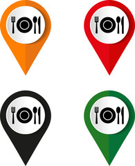 Plate, fork and spoon icon - restaurant sign. Icon map pin