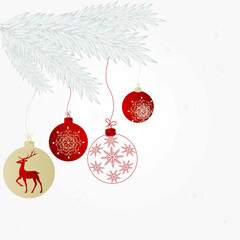 Festive New Year and Christmas greeting background with realistic Christmas tree branches and snowflakes and balls. Can be used as a web banner, poster, postcard, greeting card