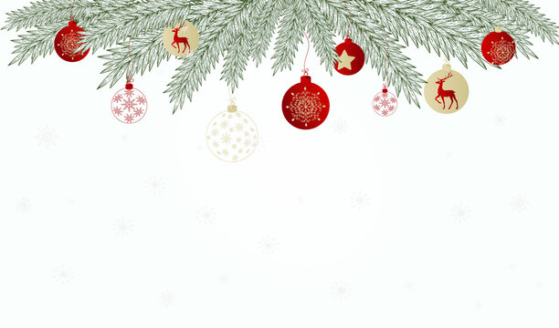 Festive New Year and Christmas greeting background with realistic Christmas tree branches and snowflakes and balls. Can be used as a web banner, poster, postcard, greeting card