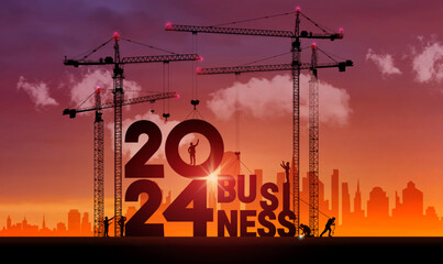 Business in the New Year 2024. Vector realistic business finance background. 2024 construction site crane building a business text idea concept. Black silhouette illustration design.