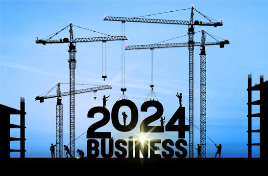 Business in the New Year 2024. Vector illustration business finance background. Large construction site crane building a business text idea concept. Black silhouette illustration design.