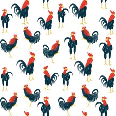 Roosters seamless pattern. Farm cock seamless texture. Birds on white background