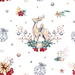 Watercolor seamless pattern with deer and Christmas toys. New Year texture. transparent background. PNG.