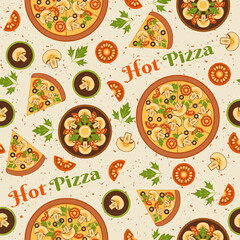 Seamless pattern with mushroom pizza, parsley, slices of tomato. Textured background. Elements in simple geometric style. Good for branding, decoration of food package, cover design, decorative prints