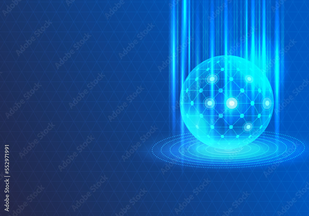 Poster technology processor background it is a glowing blue sphere with lines connecting artificial intelli
