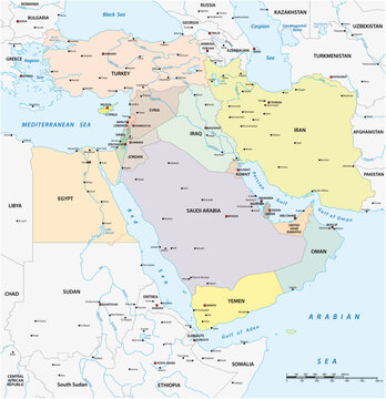 Vector map of middle east geopolitical region