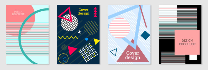 Set of cover design in Memphis style. Geometric design, abstract background. Fashionable bright cover, banner, poster, booklet. Creative colors.