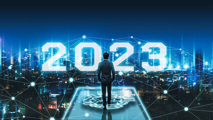 New year 2023 business man on future network night city