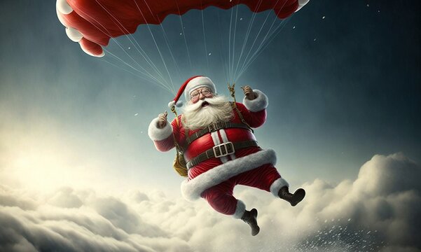 Santa Claus with Gifts Jumping with a Parachute. Skydiving and Parachuting Santa. Generative AI.