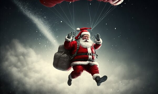 Santa Claus with Gifts Jumping with a Parachute. Skydiving and Parachuting Santa. Generative AI.